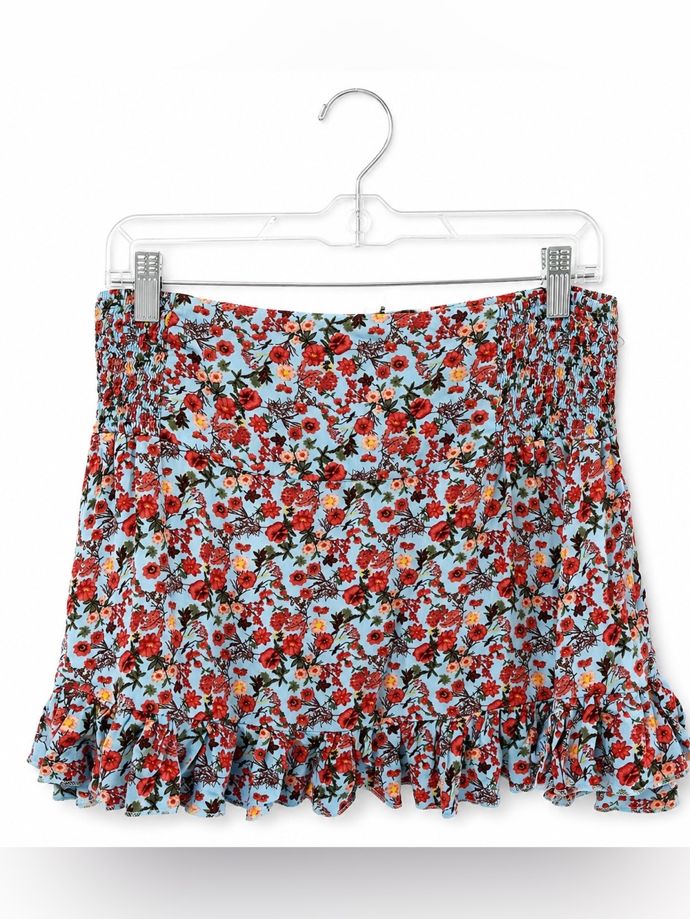 Umgee Light Blue Mini Skirt with Red Floral Print